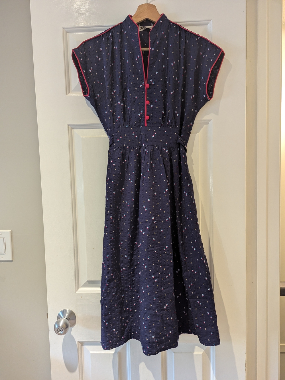 Vintage Cottagecore Prairie Midi Dress Navy Blue Seersucker Mandarin Collar S/M